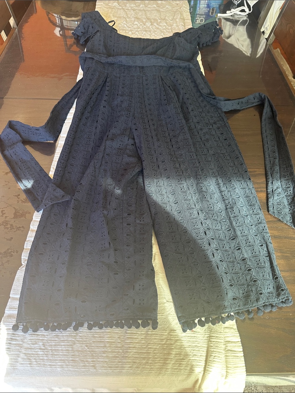 Chelsea28 Navy Eyelet Wide-Leg Jumpsuit with Pom-Pom Hem